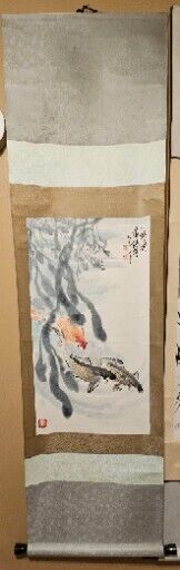 Japan Scroll Coy Fish Hanging Hand Painted Art Signed Laquered Wood Silk Paper 