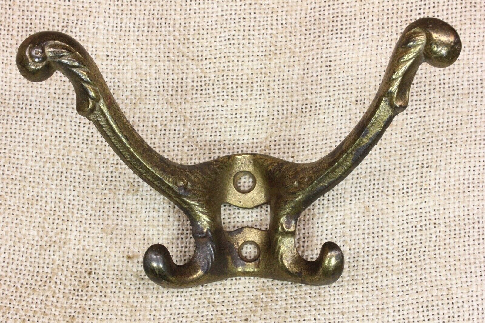 Old Hall Mirror Coat Hat Hook Double Arm Fancy Ferns Patina Brass on Cast Iron