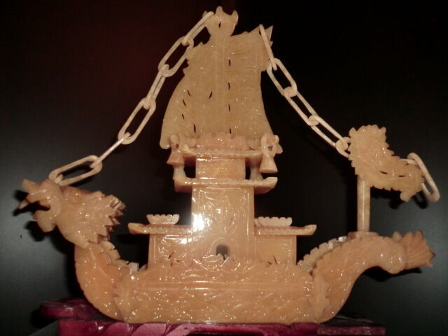 VERY LARGE BEAUTIFUL CARVED YELLOW JADE DRAGON BOAT STATUE 14.75\