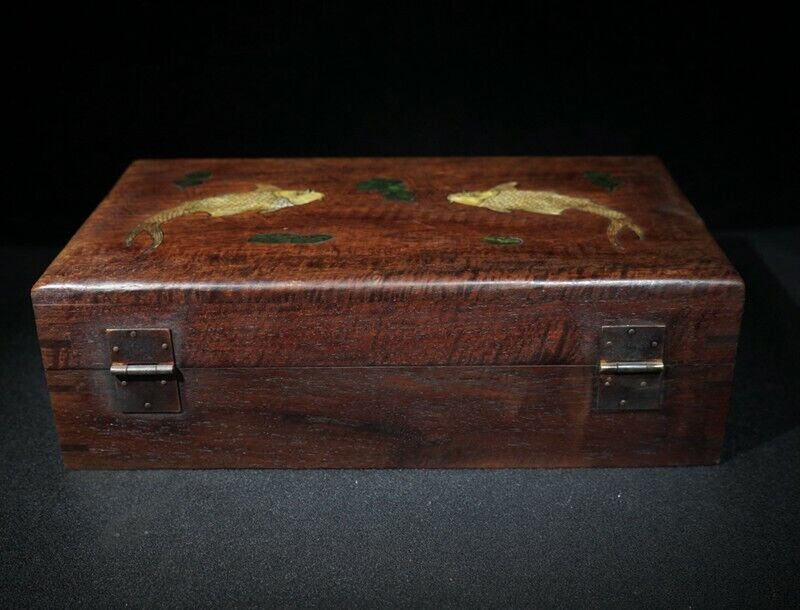 Exquisite Old Chinese Rosewood Hand Painted fish Jewelry box 90263