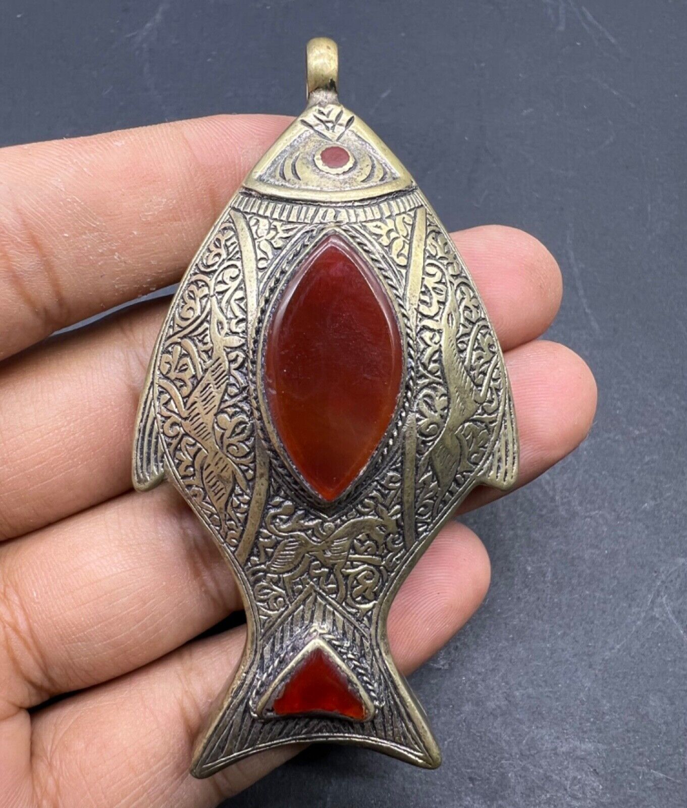 Vintage Old Central Asian Jewelry Antique Fish With Excellent Craving Pendent