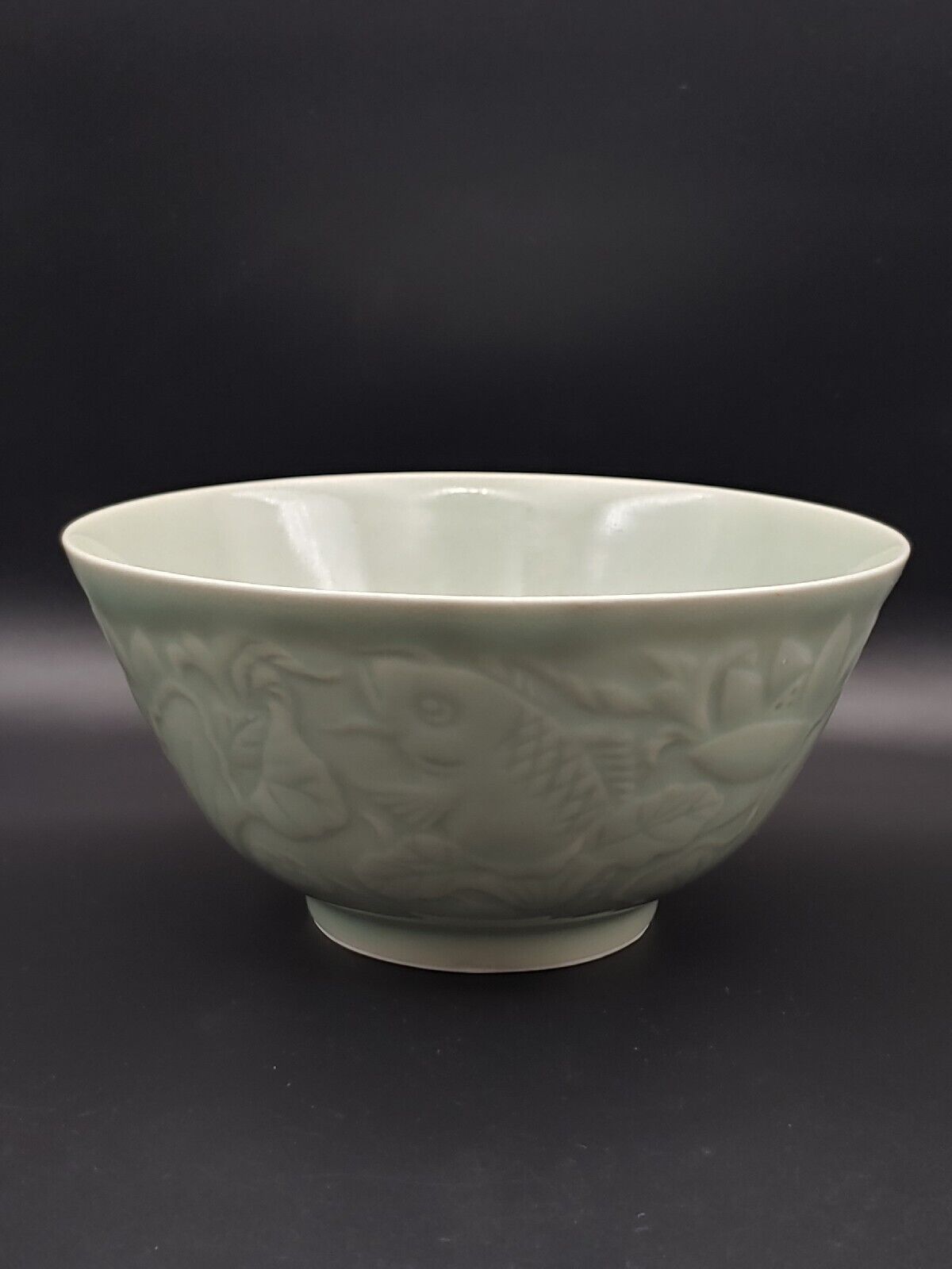 龙泉窑瓷 Antique Chinese Longquan Celadon Porcelain Relief Fish Artwork Bowl Ceramic