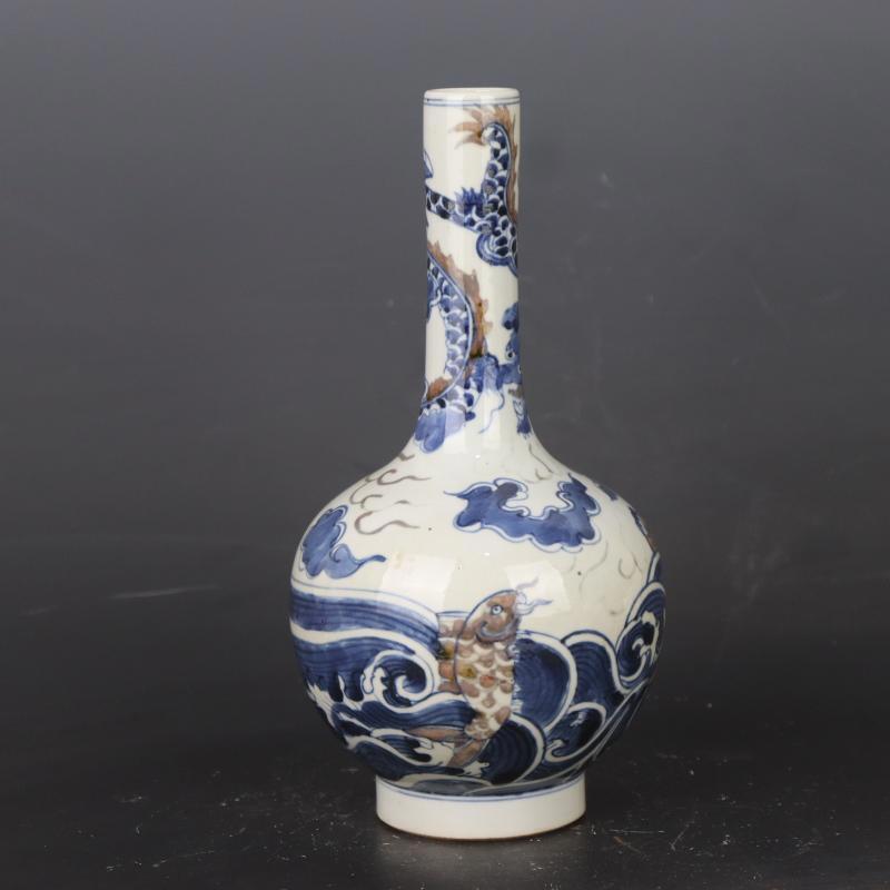 Chinese Blue and White Porcelain Qing Qianlong Red Fish Dragon Design Vase 9.83\