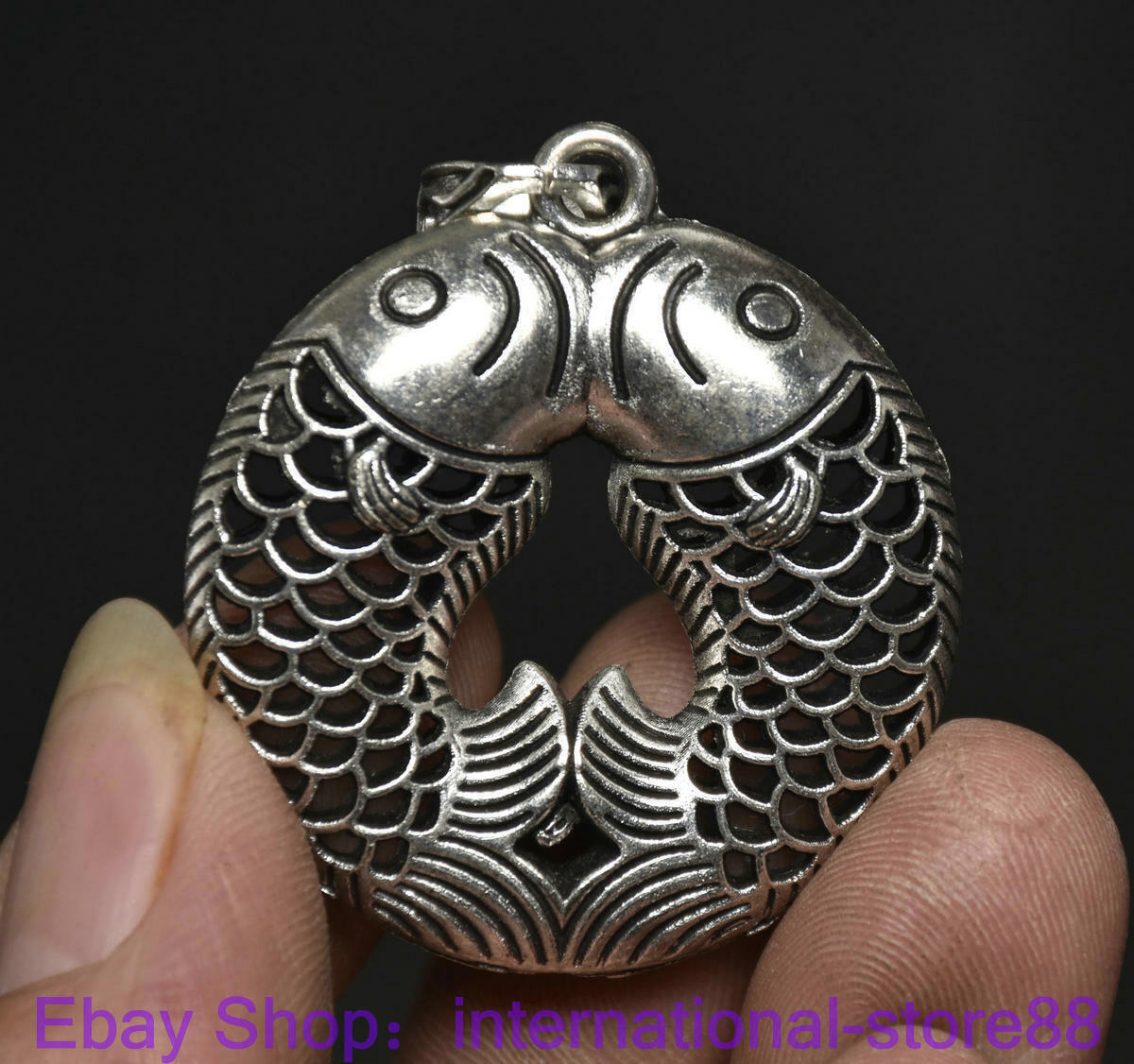 4CM Old Chinese Silver Dynasty Palace Feng Shui Double Fish Lock Pendant