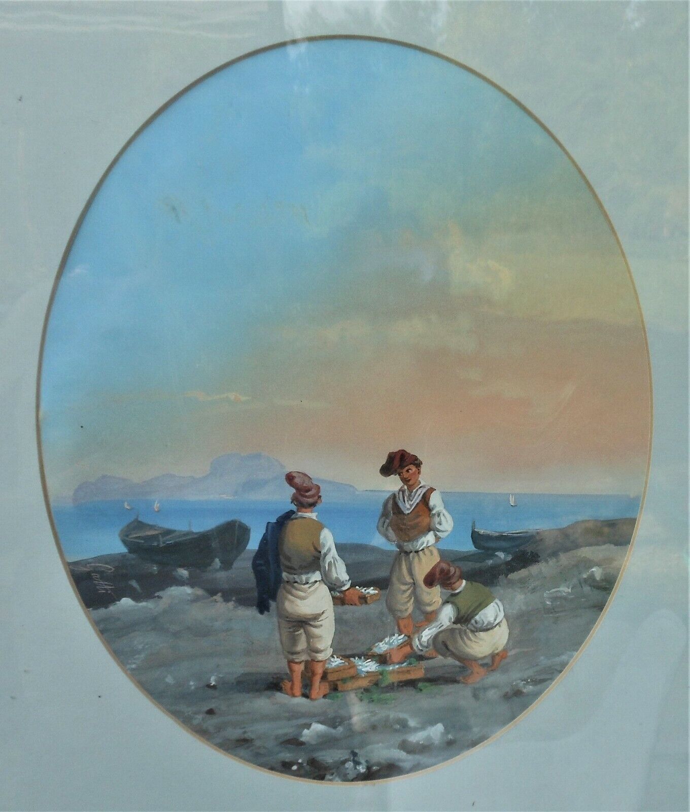 Wonderful Antique 19th Cen. Neapolitan Gouache Three Sailors With Fish 
