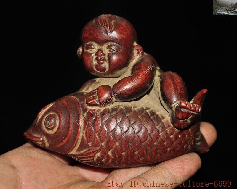 China yixing zisha pottery carved boy lucky animal fish goldfish statue Tea pet 