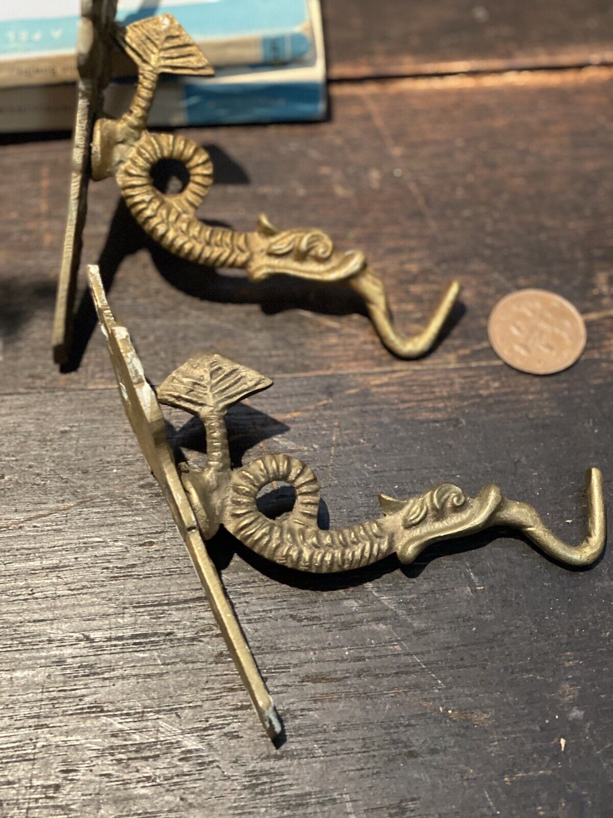 Vintage Pair Brass Decorative Dragon Fish Shape Wall Hanging Hooks