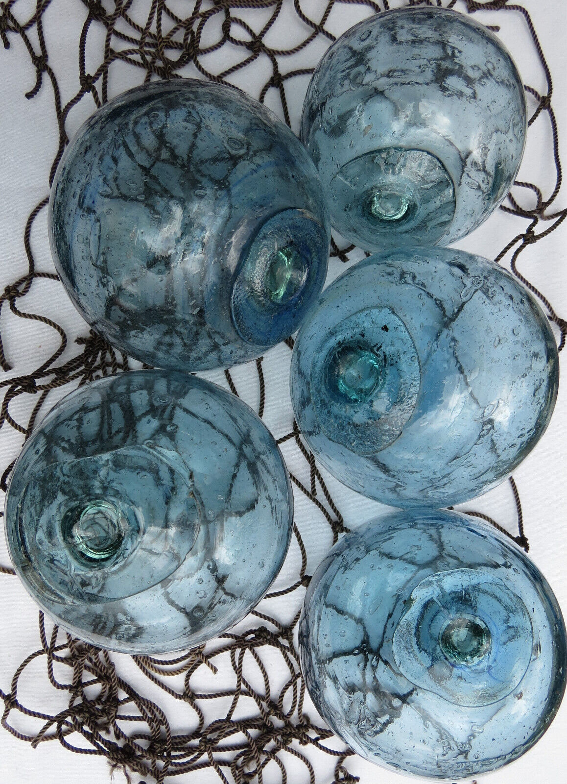 JAPANESE GLASS  Fishing FLOATS Aqua-Blue Mixed Sizes Lot-5 ++Bubbles Antiques
