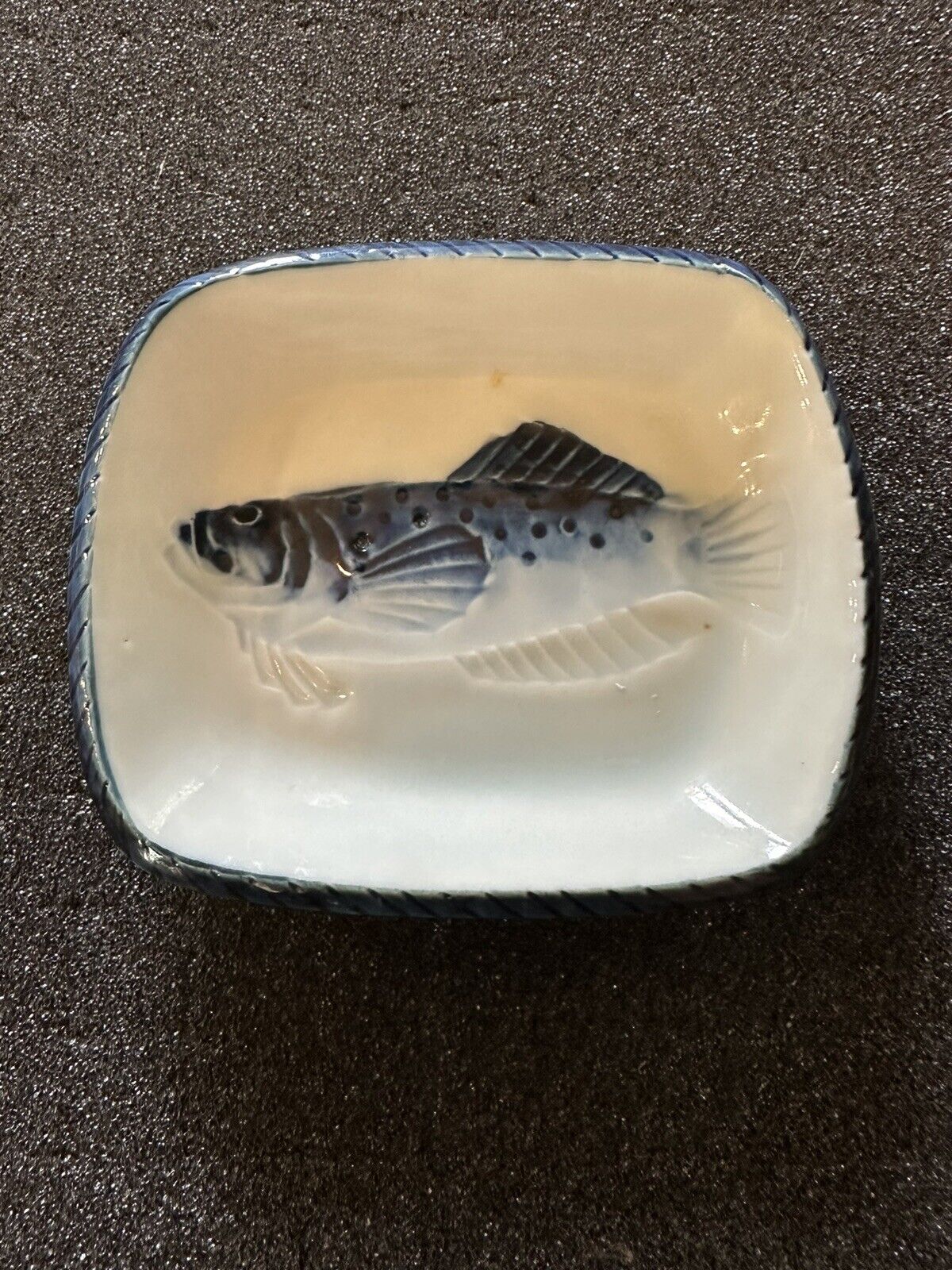 Japanese Kozara Small  Sauce Plate Blue & White With Fish - Trout plate