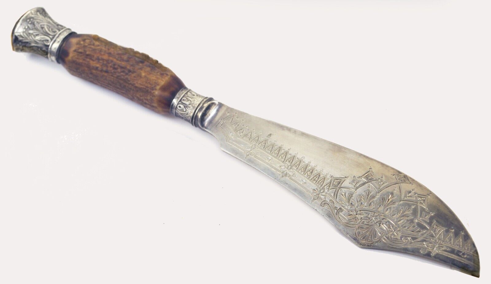 English Sterling Silver and Antler  Etched Fish Serving Knife Sheffield Ca.1888
