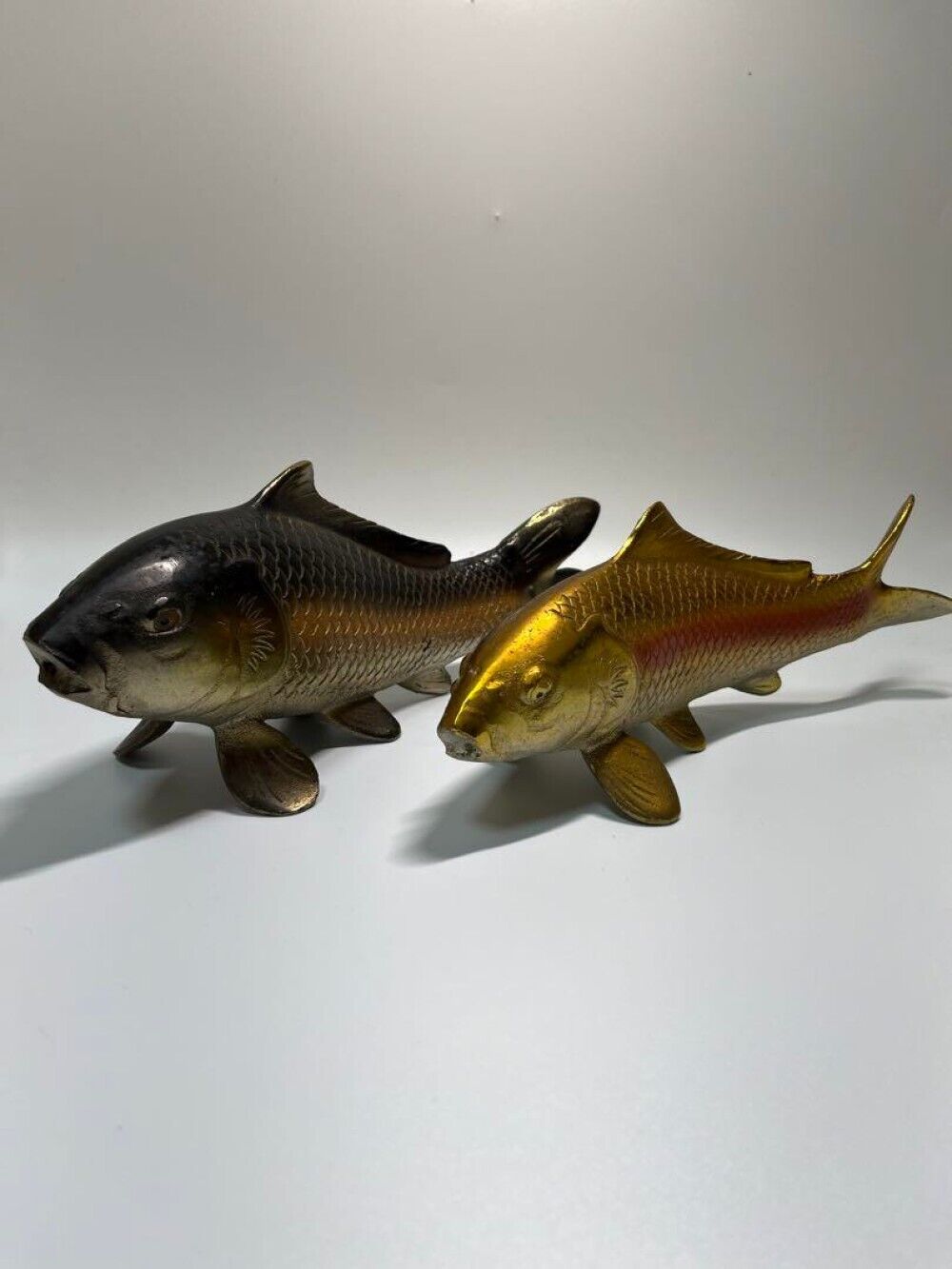 Twin Carp Koi Fish Metal Statue Couple Figurine Craft Japan Vintage Art Signed