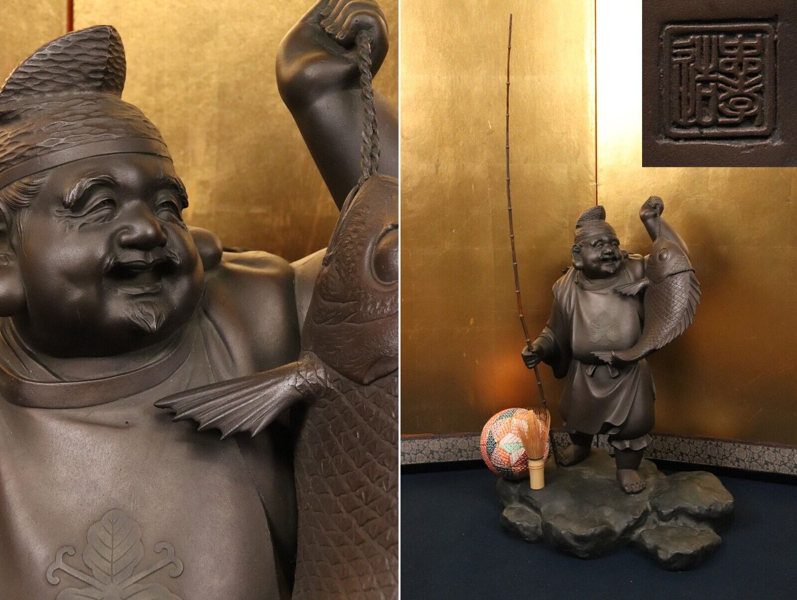 Vintage Japanese Bronze Ebisu Fishing Statue 20.87inch Lucky God Signed 忠孝 Chuko