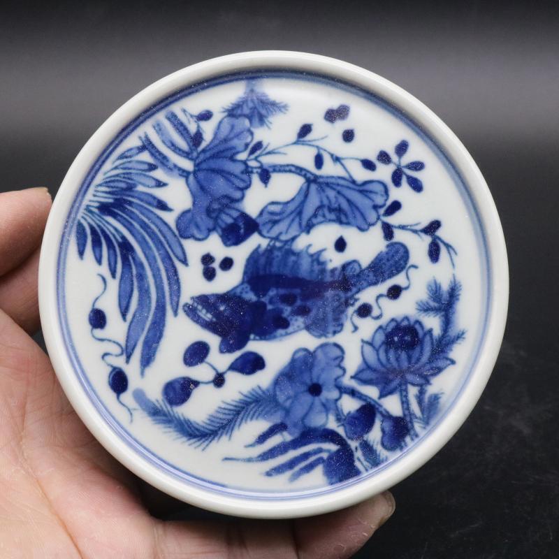 China Jingdezhen Blue and White Porcelain Lotus Fish Pattern Teacup Saucer 4.13\