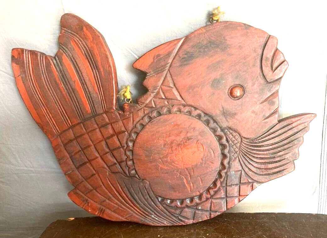 Japanese Antique Wooden Vermillion Fish Signboard Kanban Free Hook 19.7×20.9inch