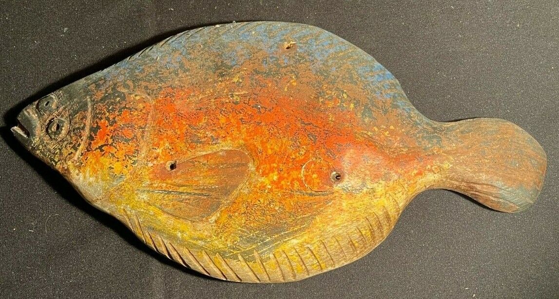 Flounder Wood Fishing Decoy, signed, stamped Inoya, Folk Art
