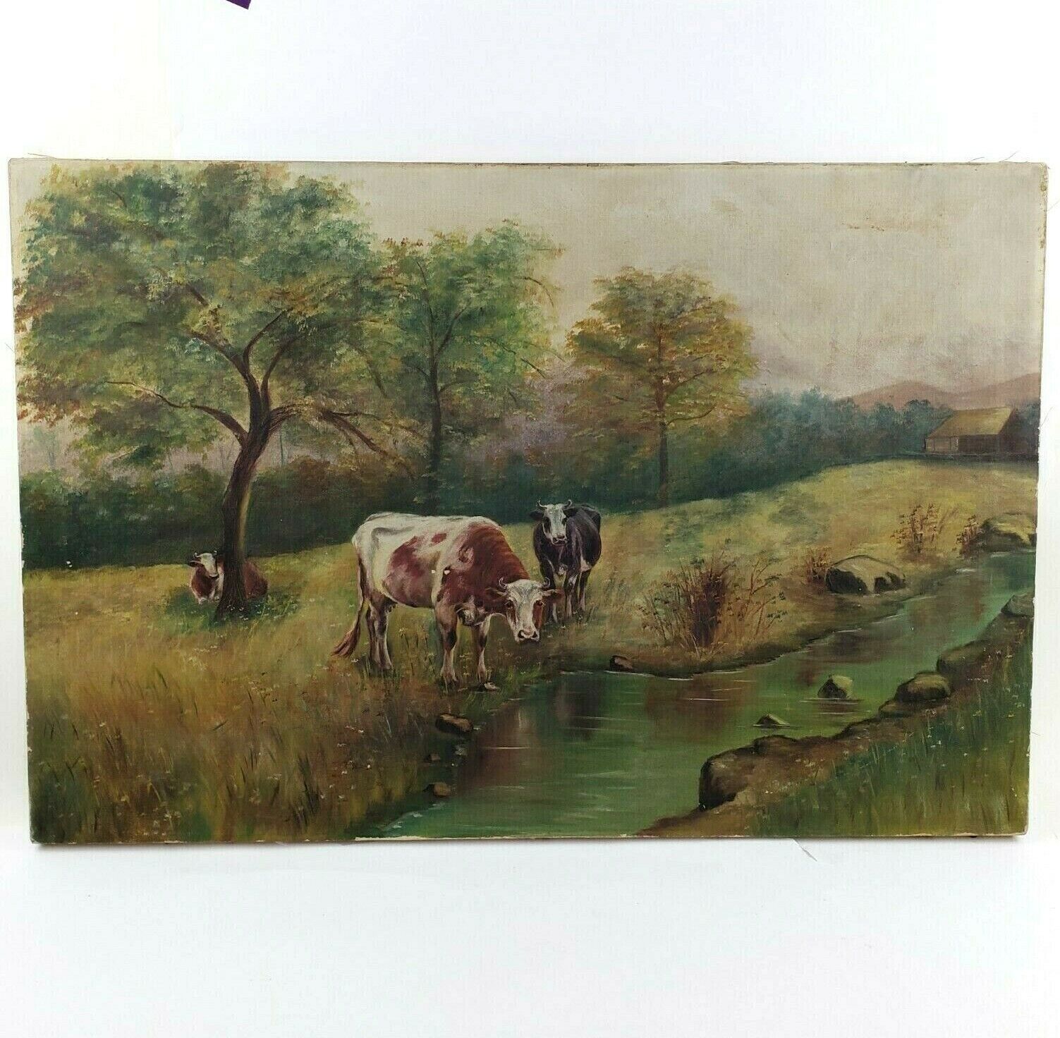 FOLK ART OIL ON CANVAS PAINTING OF COWS WOODS STREAM 20\