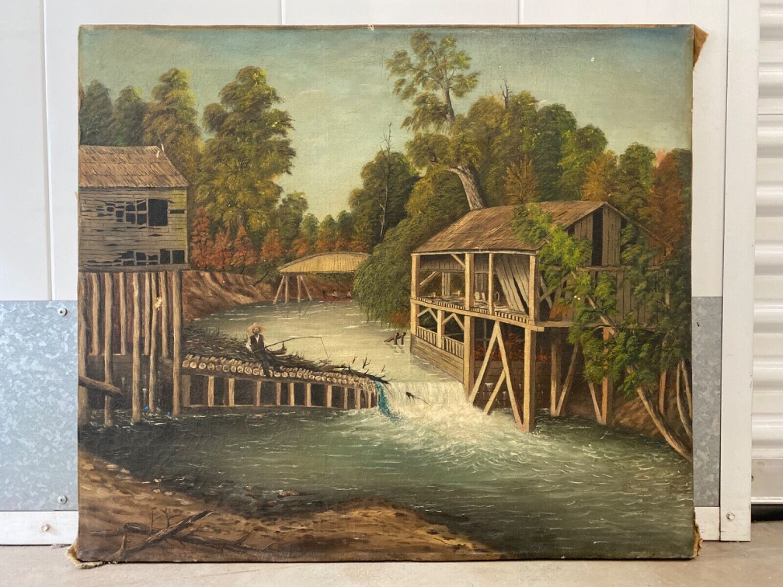 ðŸ”¥ Antique Old American Southern Folk Art River Landscape Oil Painting, 1860s