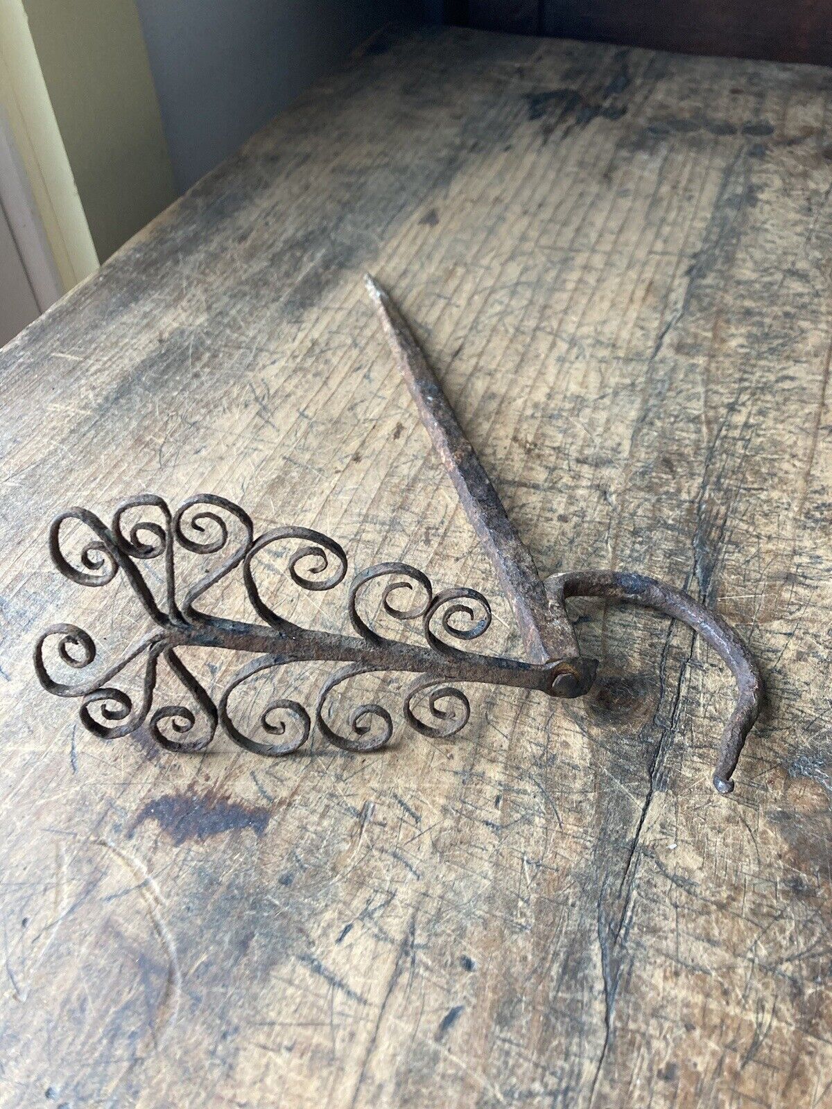 RARE 18th C Antique Wrought Iron Bettie lamp hanging hook spike