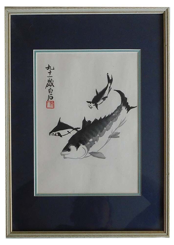LOVELY COLLECTED QI BAISHI FISH INK PAINTING AT AGE NINETY-ONE WITH FRAME GLASS