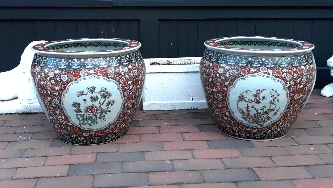 Pair Antique Chinese Style Porcelain Fish Bowl Planters in Coral Enamel