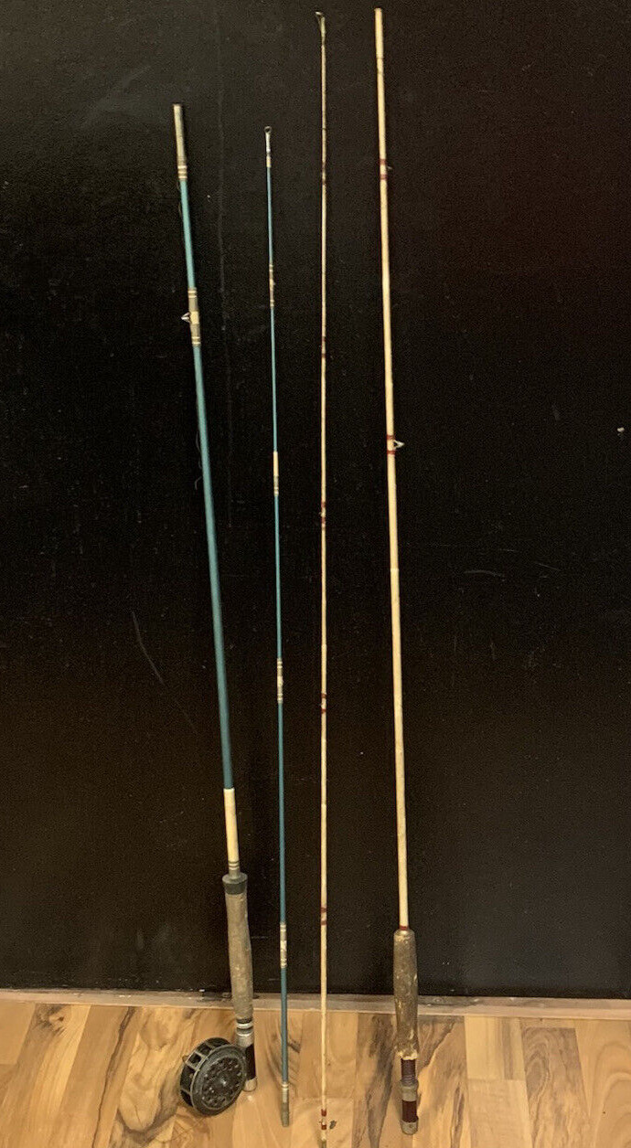 2 Vintage Fishing Rod Poles Reels 7 Feet Blue and Tan Color
