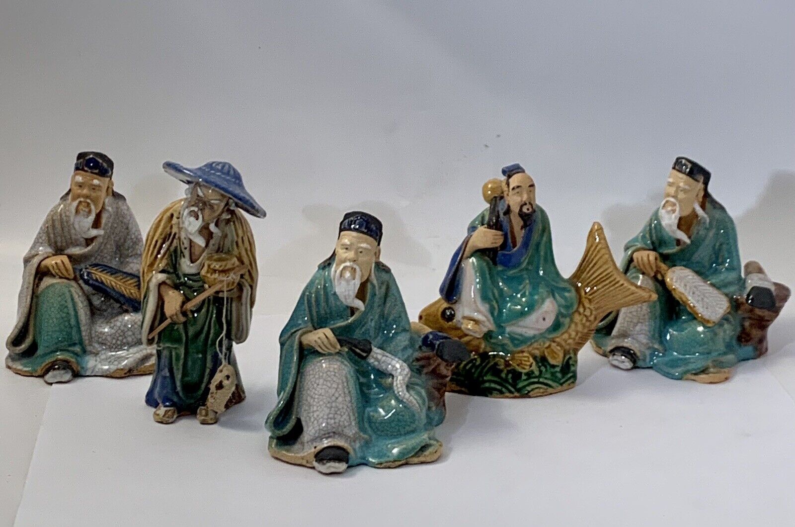 Vintage (5) Shiwan Chinese Mud Man Pottery Figurines .Fish Fisherman Wiseman NR