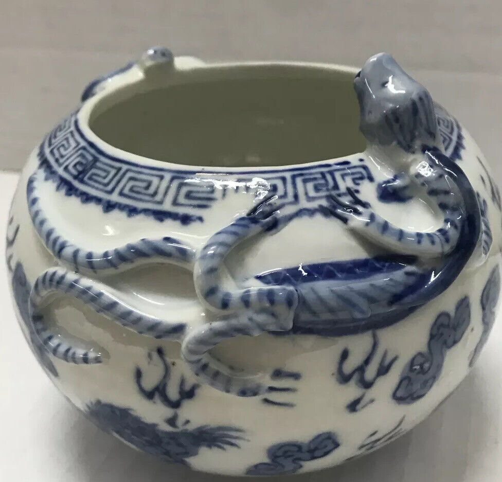 Fish Bowl Dragon Raised Lizard Ginger Jar Porcelain Signed Marked Vintage 4”