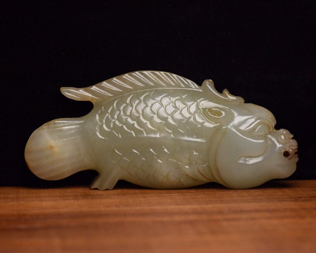 Collection Chinese Natural Hetian Jade Carved Dragon Fish Statue Figurines Art