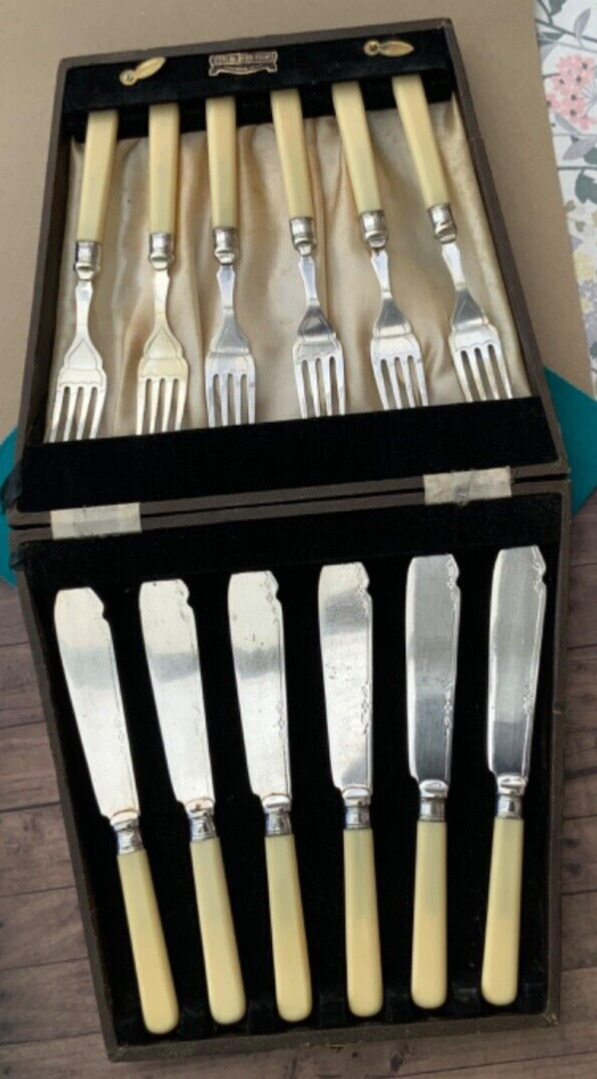ANTIQUE FISH EATERS & FORKS STERLING SILVER BANDS 12PCE SET EPNS A1 CASED