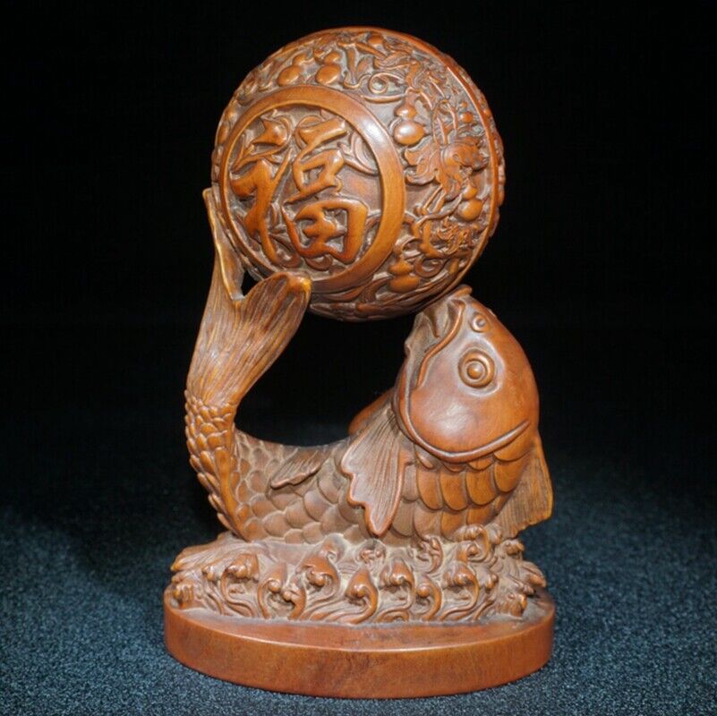 old china antique decor Boxwood wooden statue carvings home office decor fu fish