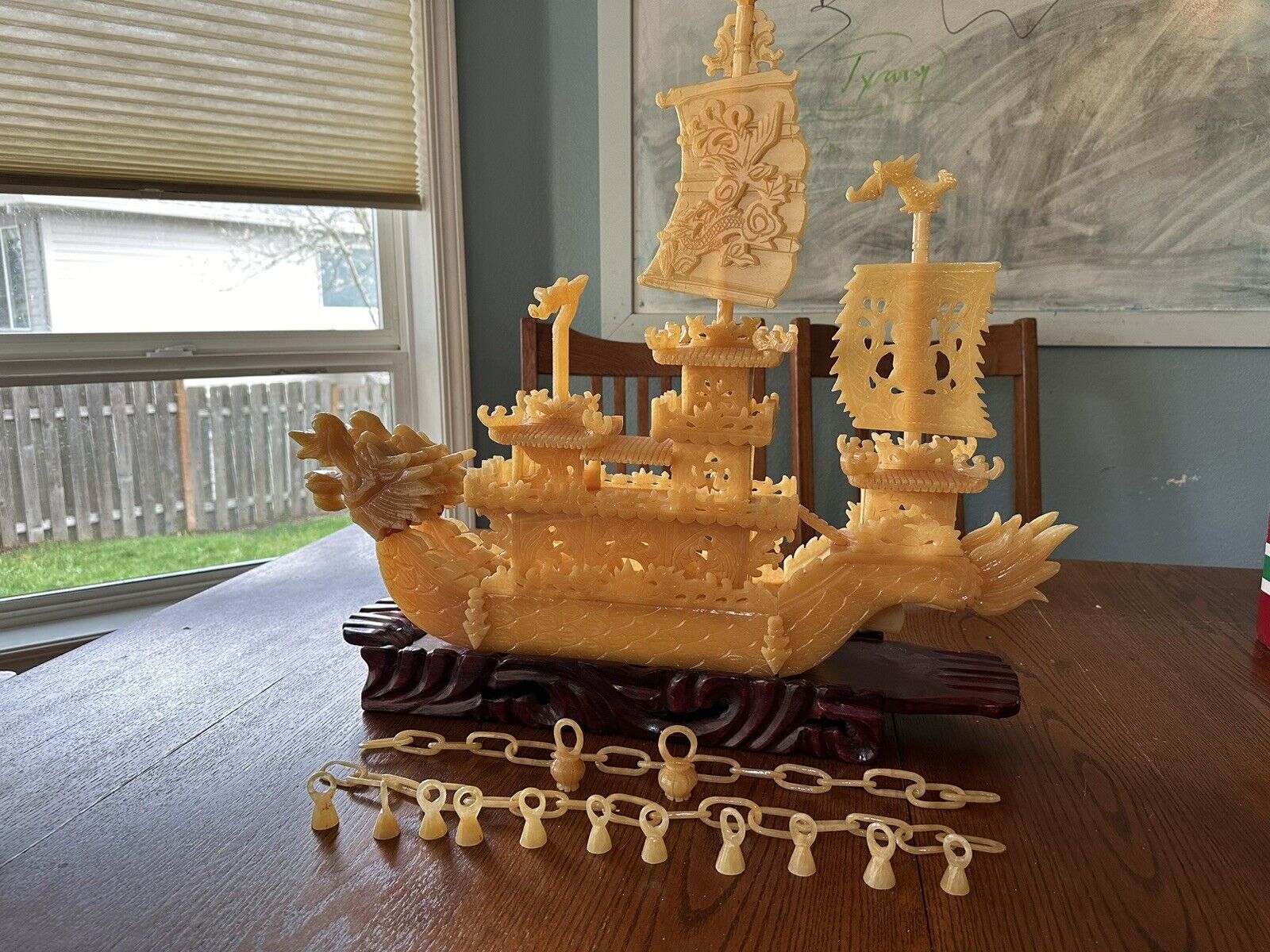 Large Yellow Jade (butter jade) Dragon Boat w/ stand 
