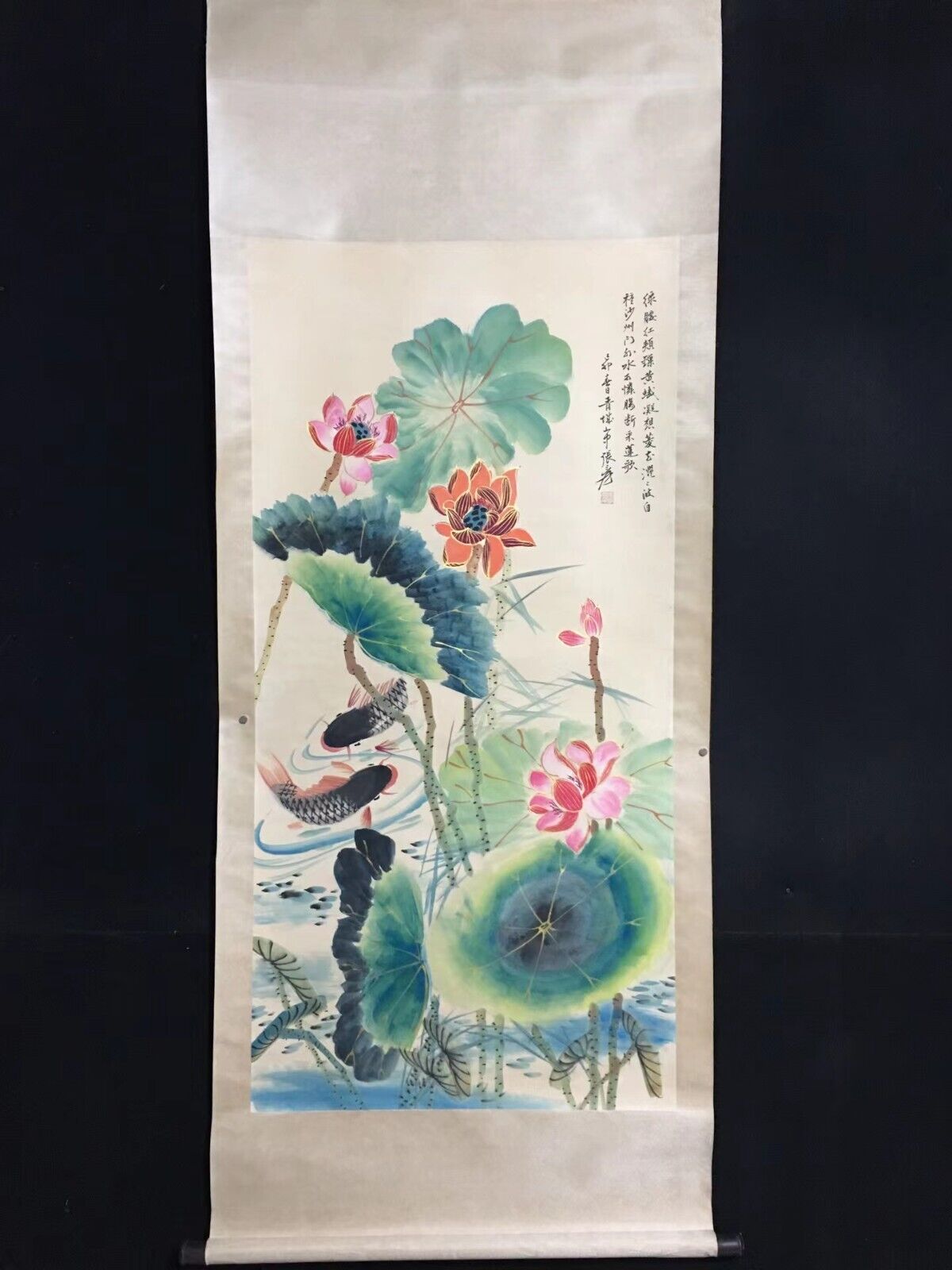 Old Chinese Hand Painting Scroll Lotus and Fish by Zhang Daqian 张大千 荷花鱼