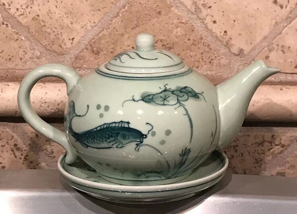 VTG Japanese Green Celadon Ceramic Hand Painted Koi Fish Tea Pot