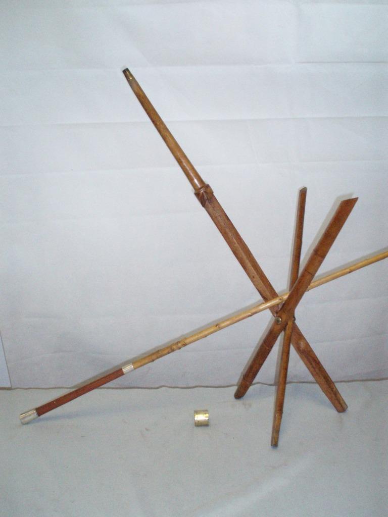 Antique Gadget Fishing Rod Holder Folding Tripod Walking Stick/Cane.