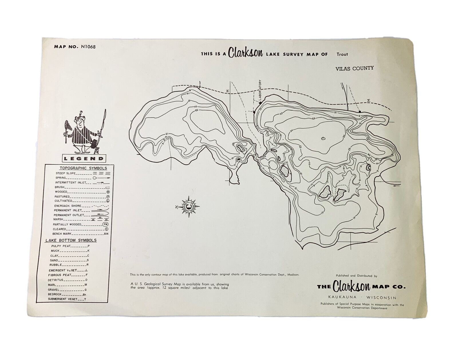 Vintage Trout Lake Vilas County Wisconsin Survey Map Clarkson Map Co.