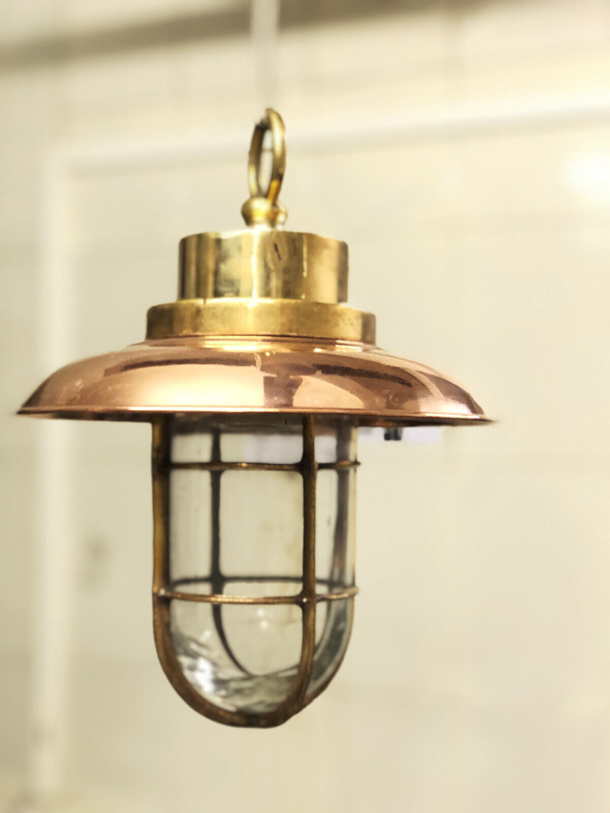 Reclaimed Antique Solid Brass Old Vintage Hanging Light with Copper Shade & Hook