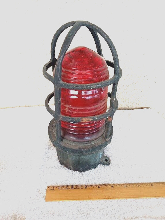 Ship / Boat Maritime Brass Light / Signal Cage With Fancy Ribbed Red Glass Globe