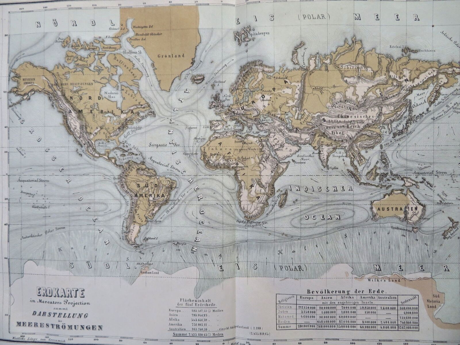 World Map on Mercator's Projection Ocean Currents Gulf Stream 1858-59 map
