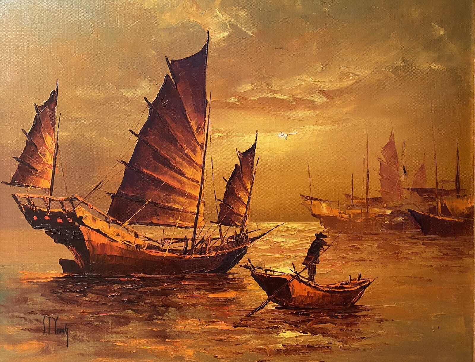 VTG RARE S.T. YOUNG Sunset Scene Fishing Boats Canvas Painting ST Young