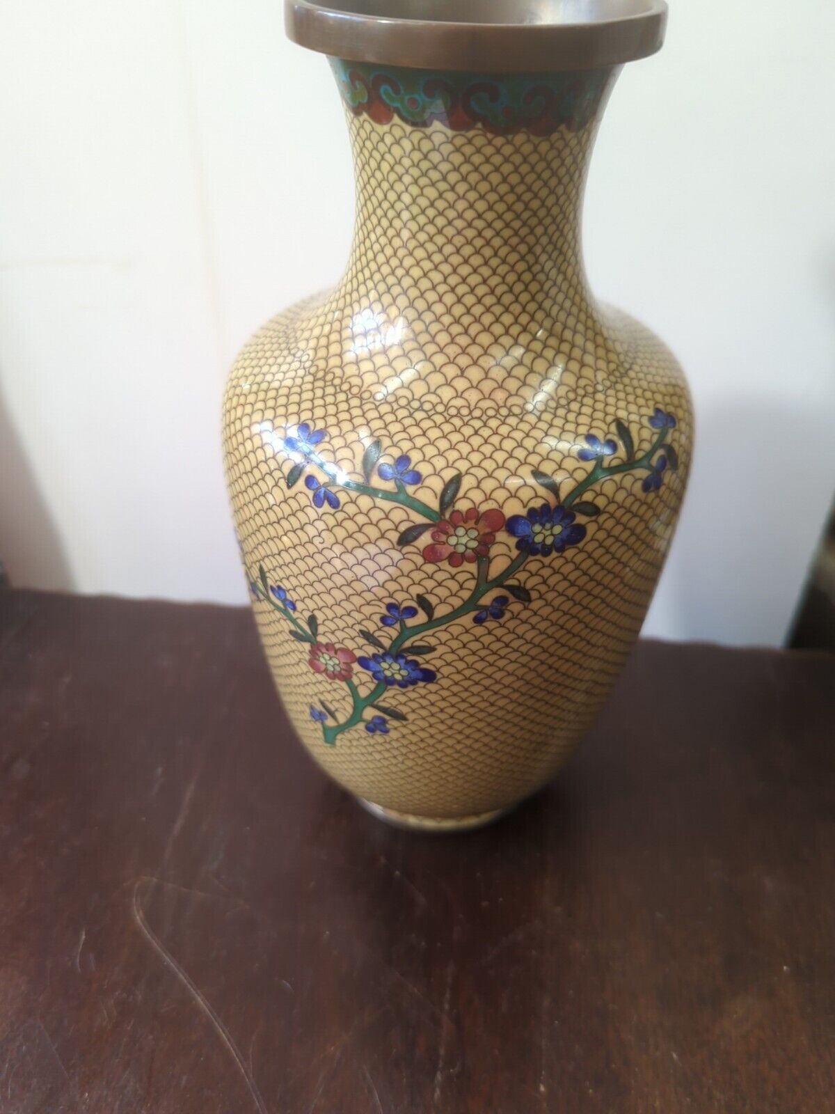 Vintage Chinese Fish Scale Bronze Enamel  Cloisonne Floral Vase