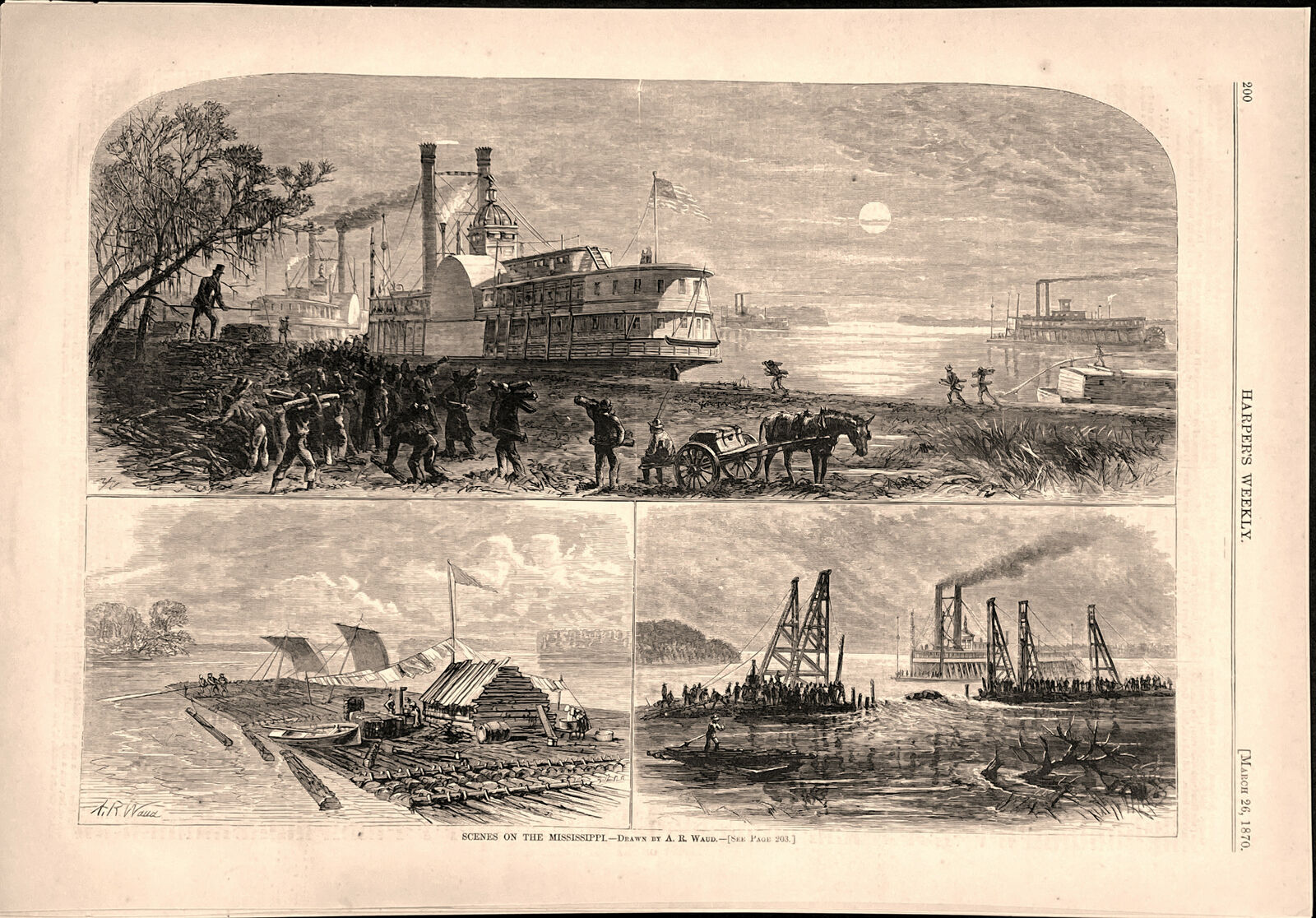 Mississippi River stream boat raft coastal lumber labor scenes 1870 old print
