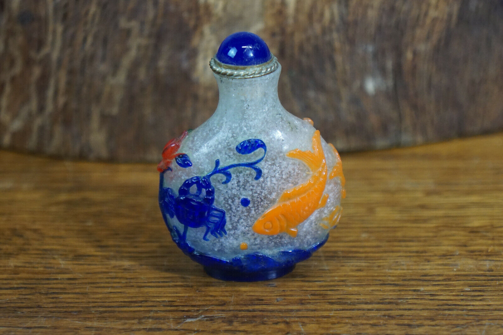 Vtg Chinese Glass Koi Fish Crab Lilly Flower Snuff Bottle 2 3/8 Tall