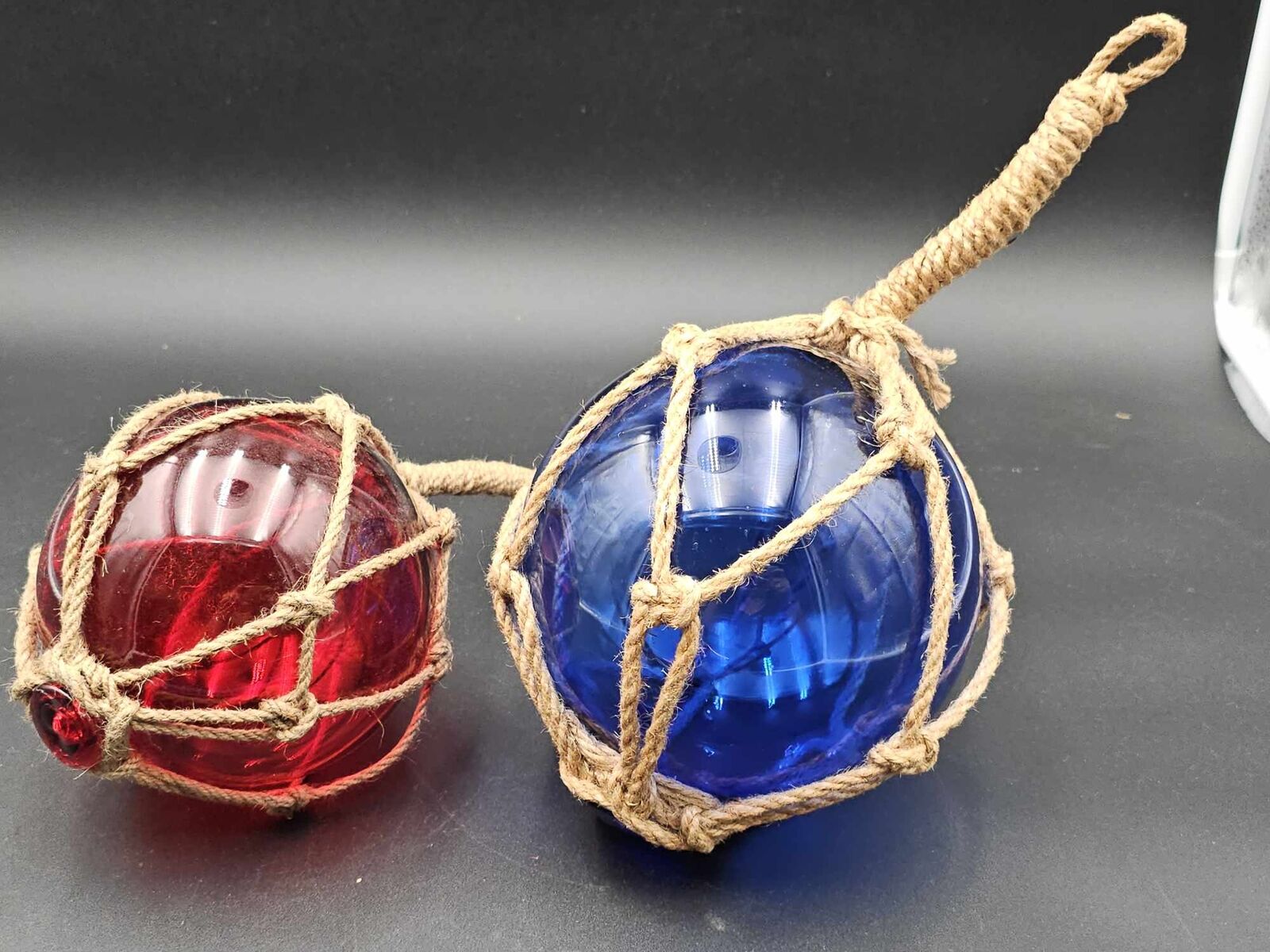Lot of 2 Decorative Glass Fishing Float Buoy Balls  Blue & Red W/ Nets