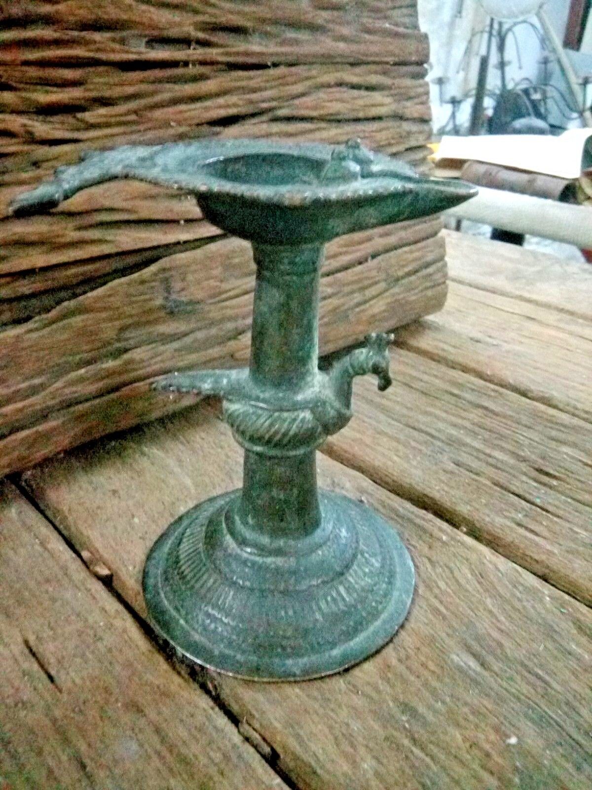 1930's Old VintageBrass Unique Solid Peacock Crafted Temple Oil Lamp