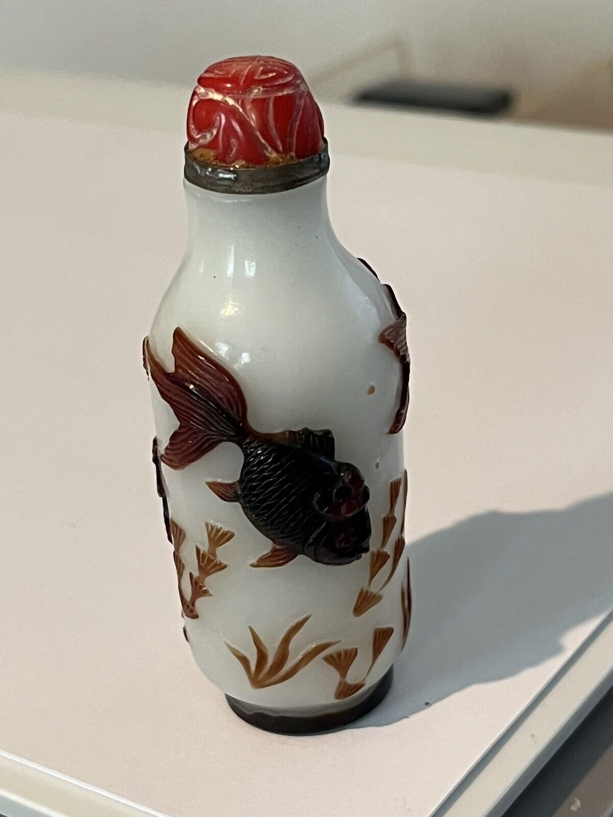 Beautiful Peking Glass Snuff Bottle of Koi Fish  3.375\