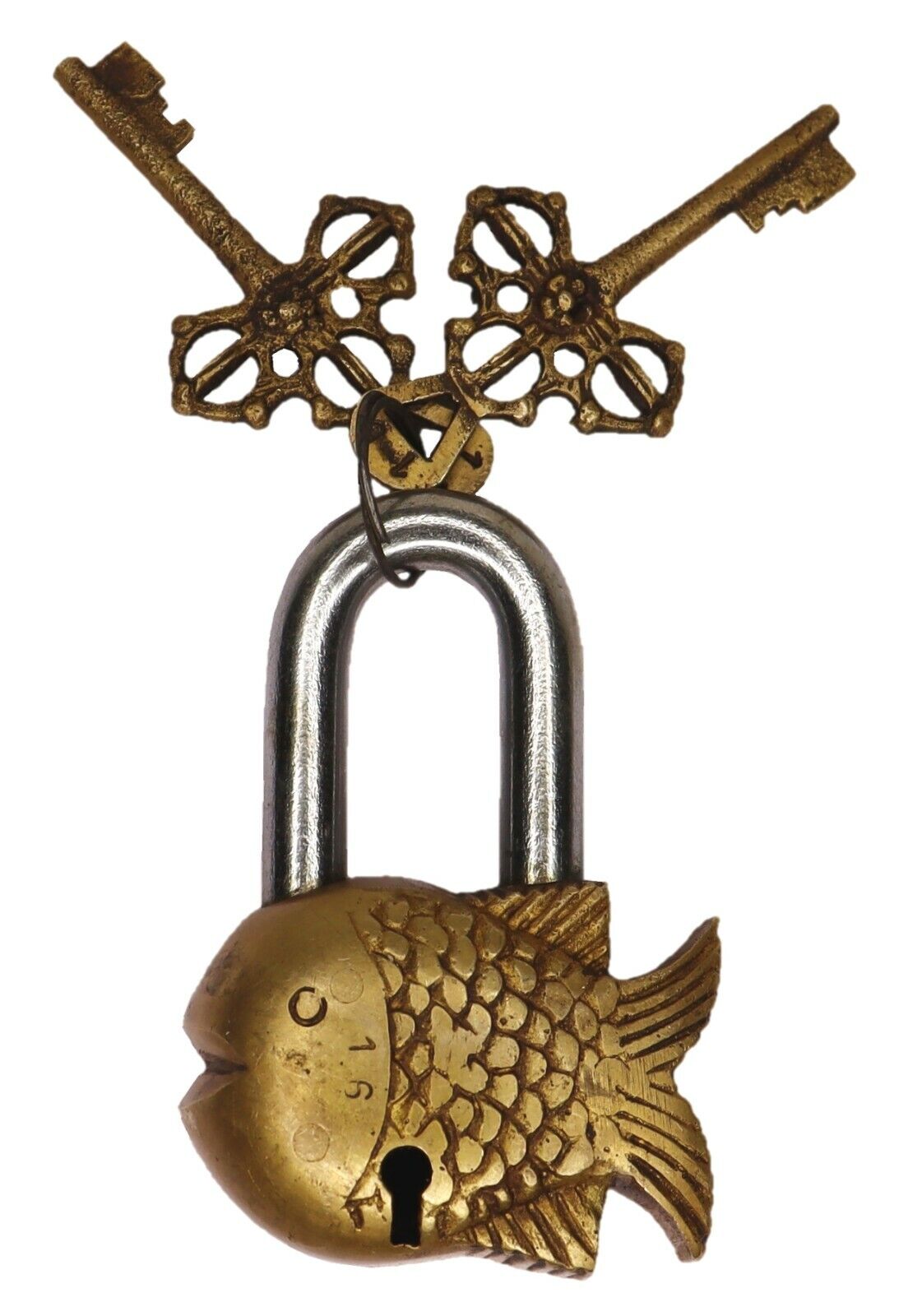 Small Fish Shape Door Lock Antique Style Brass Handmade Padlock with Working Key