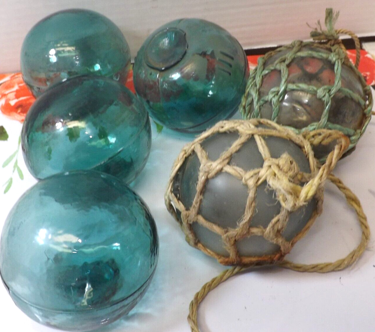 6 Japanese Glass Ball Fishing Floats lot Netting 3.5 Auth Japan Buoy Wake Island