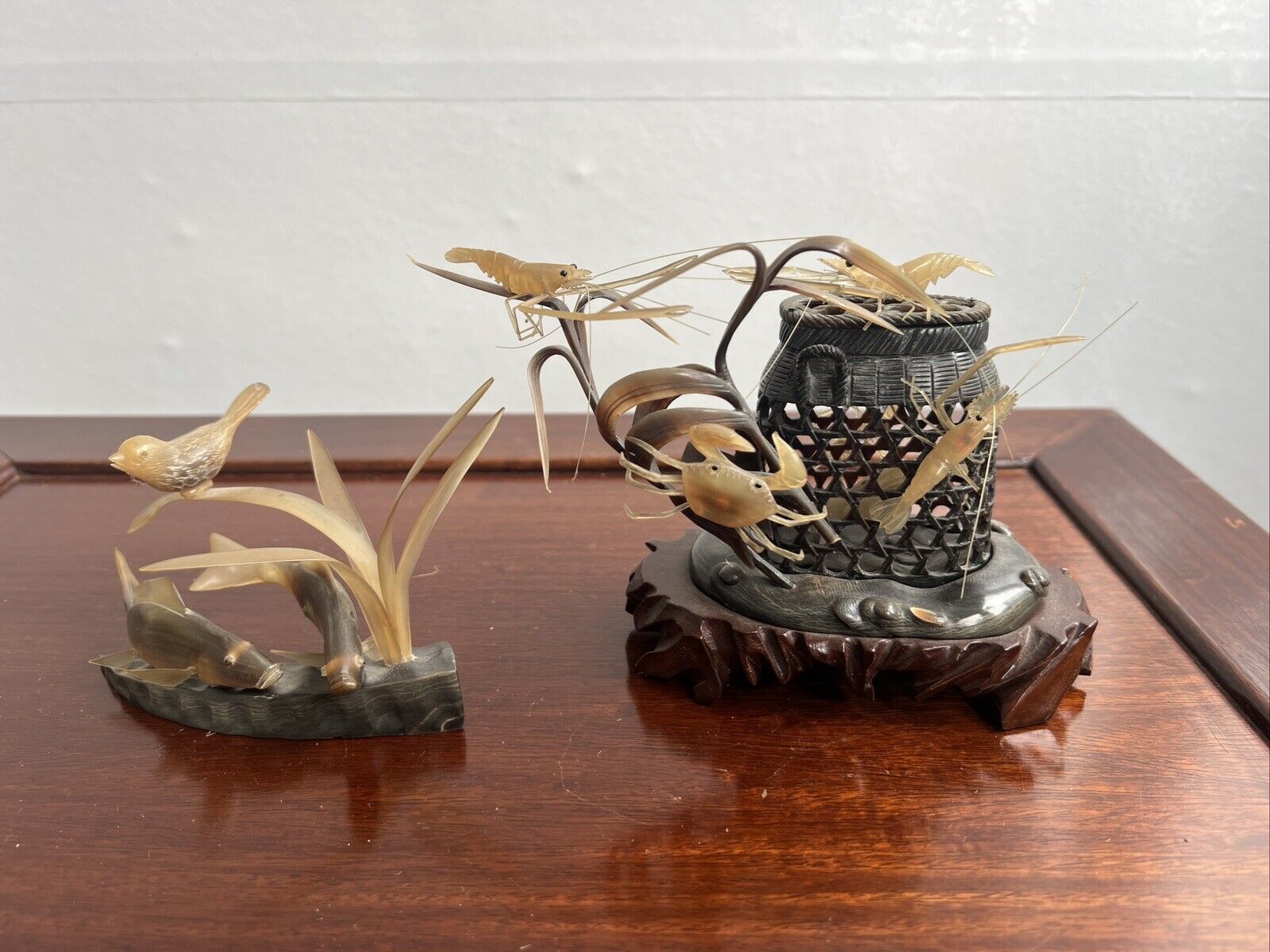 2 x Vintage Master Hand Carved Shrimp, Fish & Trap Water Buffalo Horn Decoration