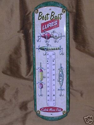 VINTAGE ANTIQUE STYLE BEST BAIT FISH LURES THERMOMETER TIN SIGN NR