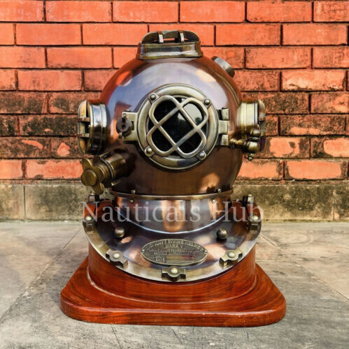 Victorian Brass Diving helmet With Brown Wood Base mark V Handmade design gift